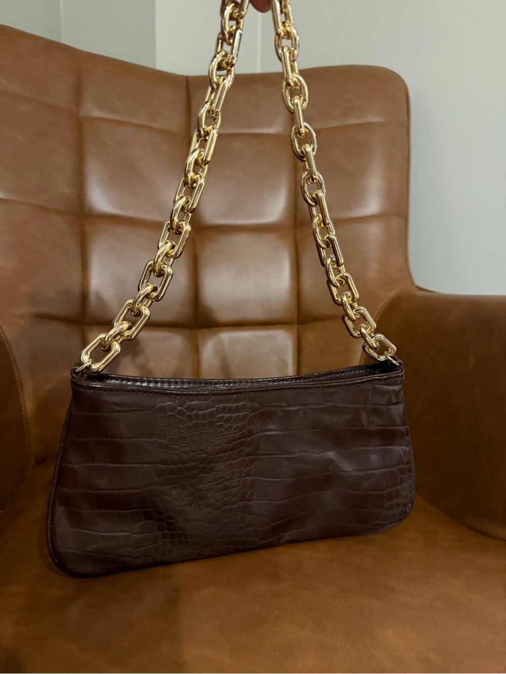 Zara Dark Brown Croc-Embossed Shoulder Bag with Gold Chain